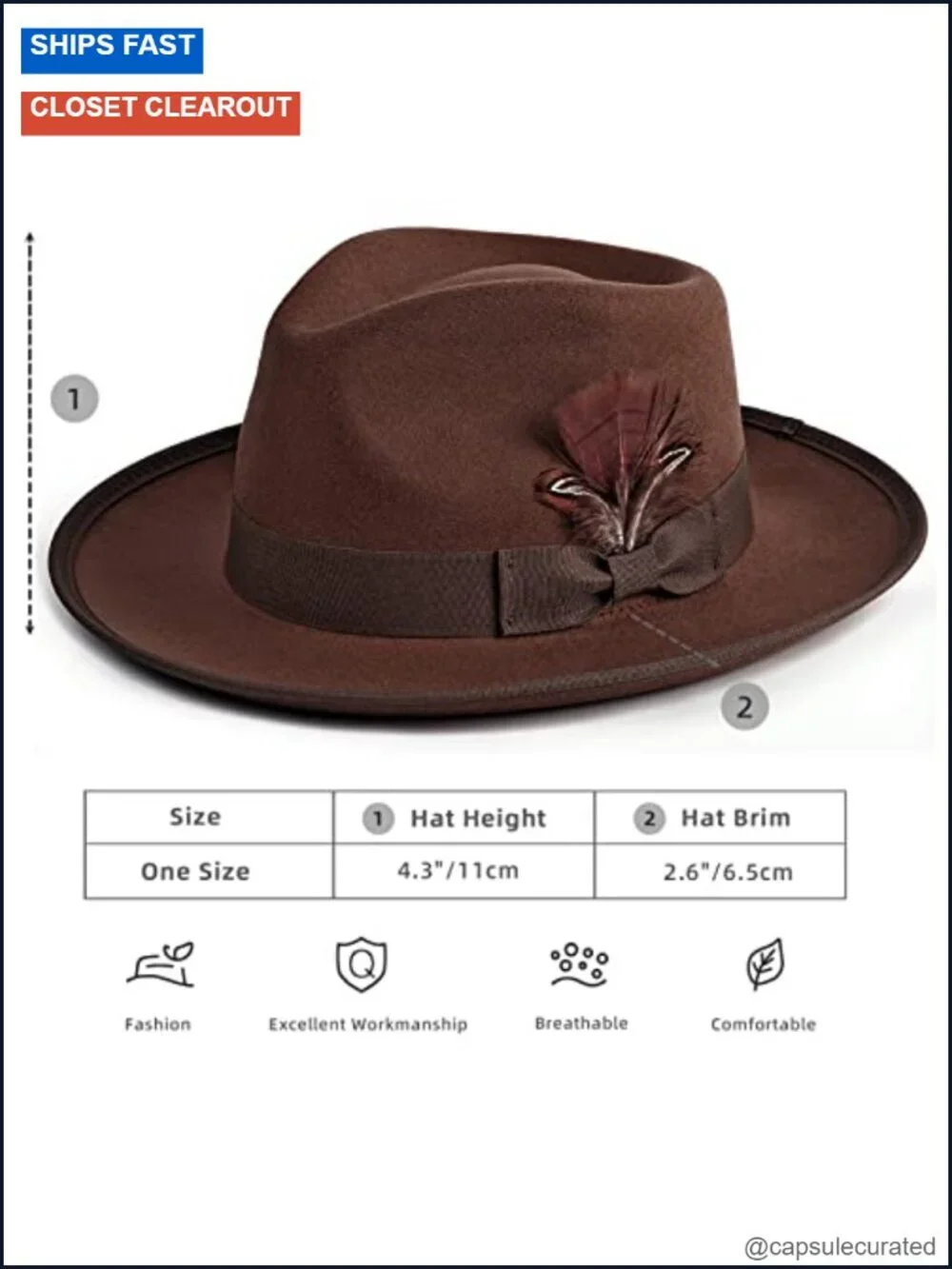 Wide Brim Fedora Hat with Removable Feathers, Adjustable Unisex